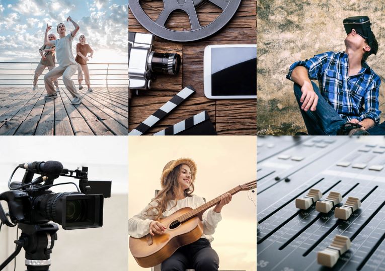 Bildkollage med sex foton - dansande ungdomar, filmrulle, en kille med VR-glasögon, filmkamera, en tjej spelar akustisk gitarr, mixerbord