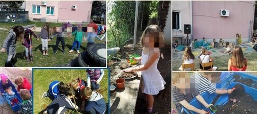 Barn leker på förskola i Kroatien, flicka leker med sand, flera barn leker med varandra, barnen sitter och lyssnar på sin fröken