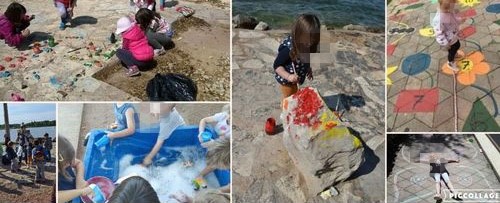 Barn leker på stranden vid havet, barn leker i vattenbassäng, barn målar ute