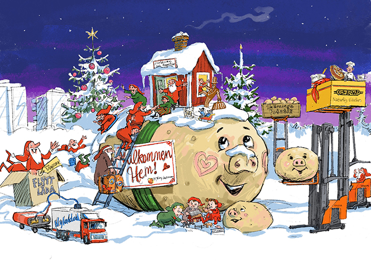 Illustrationen visar en humoristisk julscen med en stor potatisliknande figur i centrum, omgiven av flera julaktiviteter: en klädd gran, flera tomtefigurer, en person som dansar på en balkong, barn som sjunger, och ett julmarknadsstånd. Det inkluderar även personer som sköter om post och paket. På Potatisen finns ett hus och en skylt med orden" Välkommen hem".