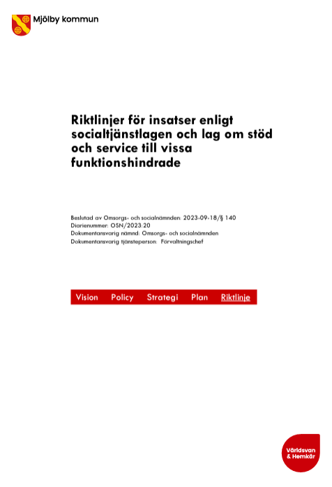 Framsida för Riktlinje för beslut enligt socialtjänstlagen och lag om stöd och service till vissa funktionshindrade