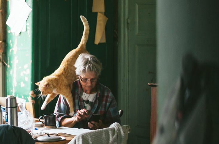 Äldre kvinna med en katt och med en telefon i handen.