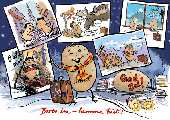 Illustrerat julkort på potatiskaraktären Eddi omringad av kort från hans resor till bland annat Japan, Peru och Frankrike. Bakom sig finns potatisrondellen med texten God Jul på.