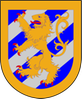 Folkunga vapen med gul ram, gult lejon och blå och vitrandig botten