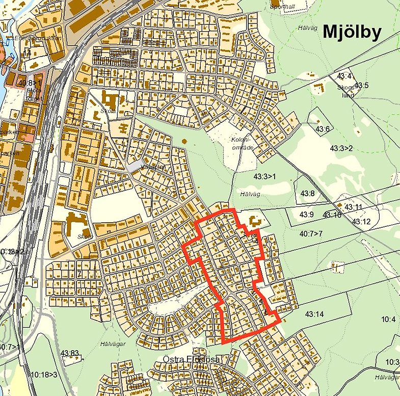 Planområdet är markerat med röd linje. Området sträcker sig längs med Hargsvägen i Östra Eldslösa i Mjölby.
