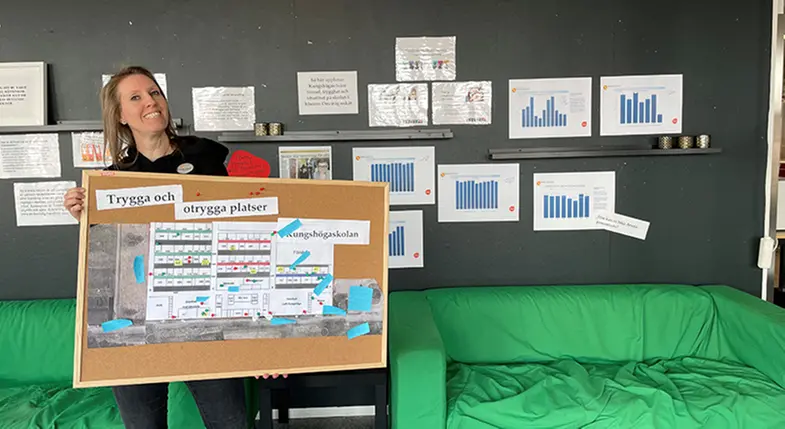 Caroline håller upp en skylt med texten "trygga och otrygga platser".