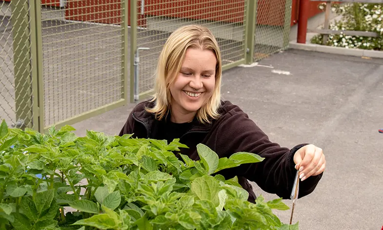 Johanna sitter vid odlingen och rör vid en lapp.