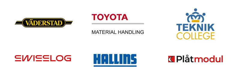 Loggor väderstad, toyota, teknik collage, swisslog, hallins och plåtmodul.