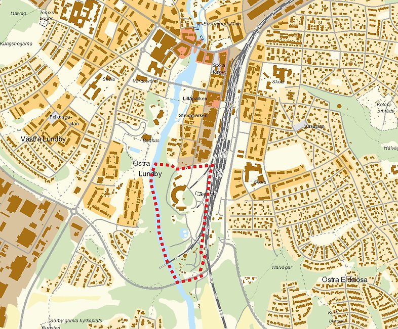 Planområdet i rödstreckat