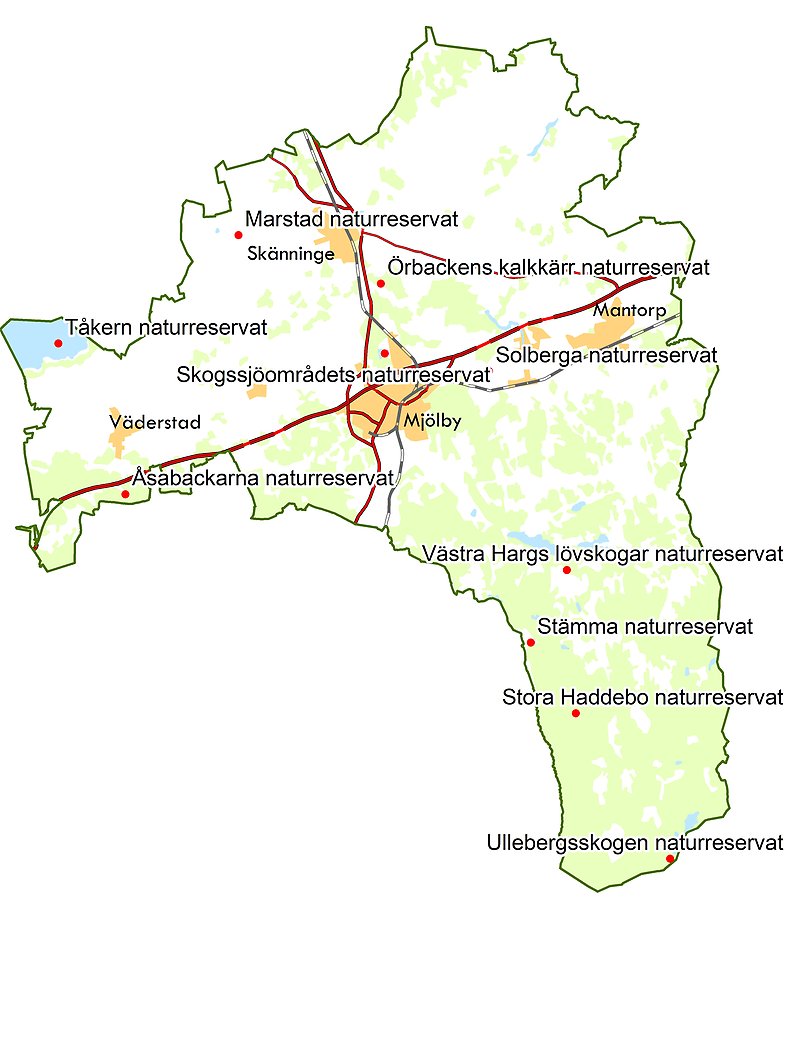 Karta över Mjölby kommun med naturreservaten utmarkerade