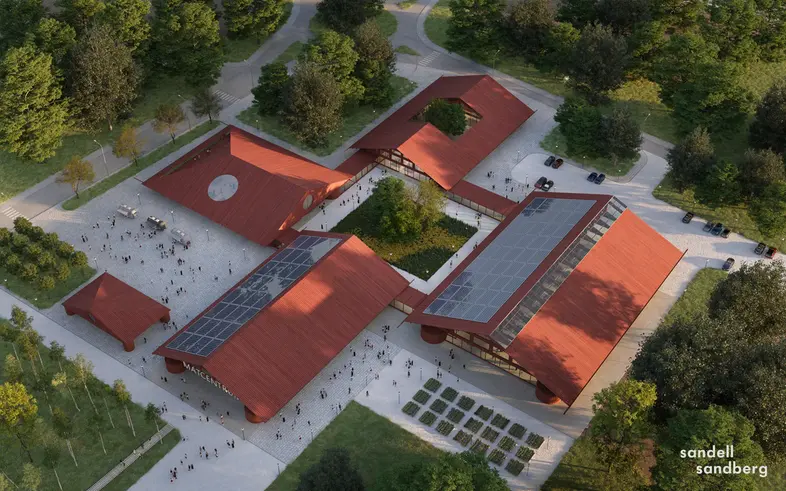En arkitektskiss på en byggnad med röda väggar och orange tak. 3D-rendering. 