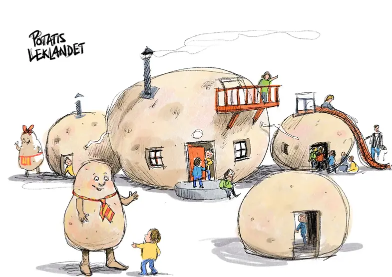 En skiss av en lekpark med potatis-tema. Handtecknad. 