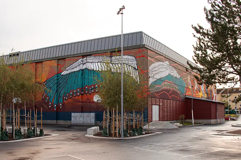 Fasaden av en idrottshall med muralmålning som föreställer vingar. Längre bort fem olika fåglar.