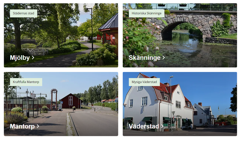 Dern nya webbens startsida med bild och text från Mjölby, Skänninge, Mantorp, Vädersta.