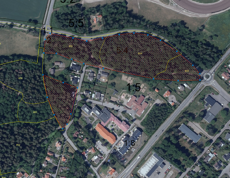 Kartbild över området vid Klämmestorp idrottsplats som ska gallras