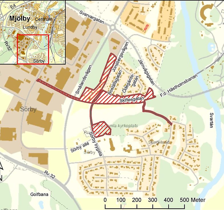 Planområdet ligger längs Skiftesgatan respektive Sörby bygata