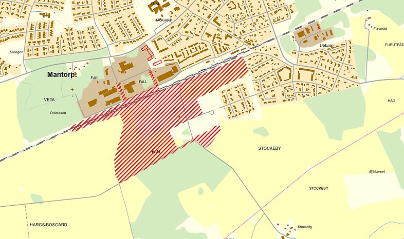 Planområdet omfattar ett område söder om järnvägen i Mantorp från stationen och västerut mot vattentornet.