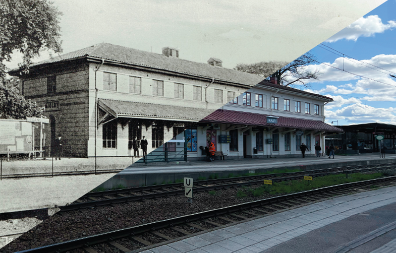 Bild över Mjölby tågstation från 1930-talet och från år 2023