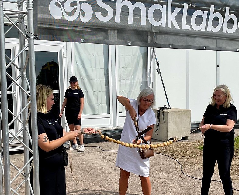 Anna-Lena Sörenson, kommunfullmäktiges ordförande klipper ett band gjort av potatis.